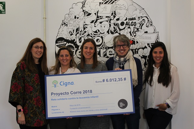 El equipo de RRHH de Cigna entrega el cheque solidario a la Fundación Unoentrecienmil_